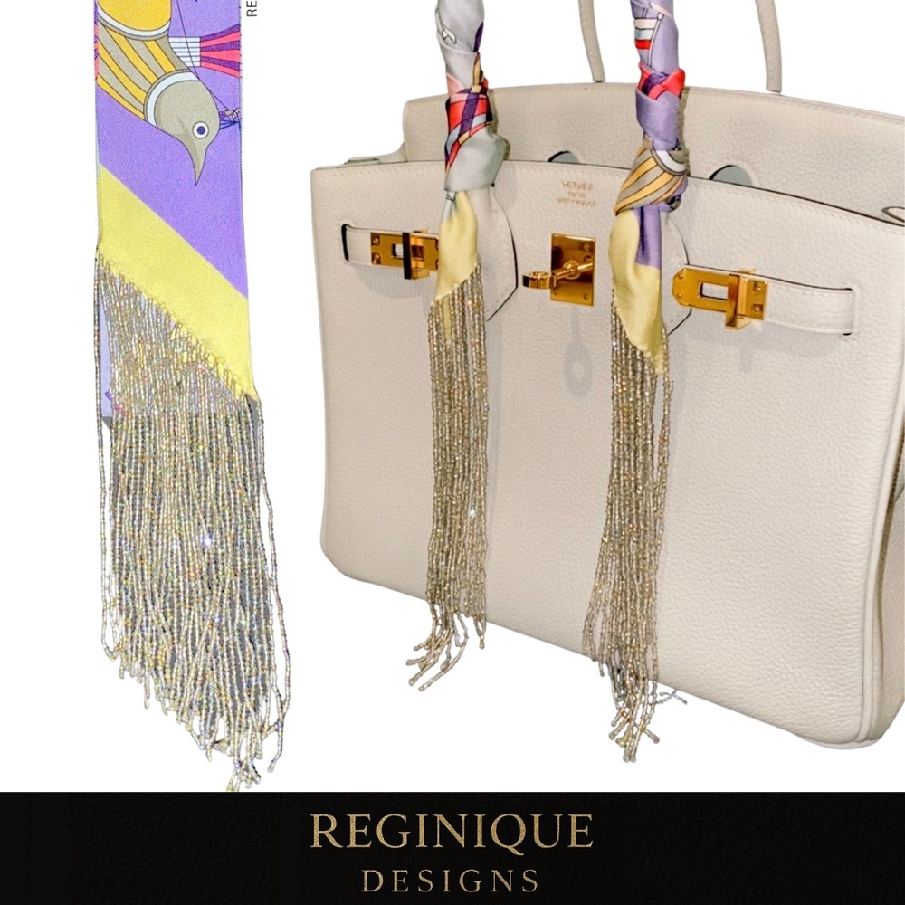 SeraBijoulet™ Handcrafted Silk Skinny Scarf with Beaded Fringe - Picture 1 of 7